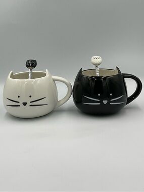 Koolkatkoo Black & White Ceramic Coffee Mug Set with Matching Spoons
